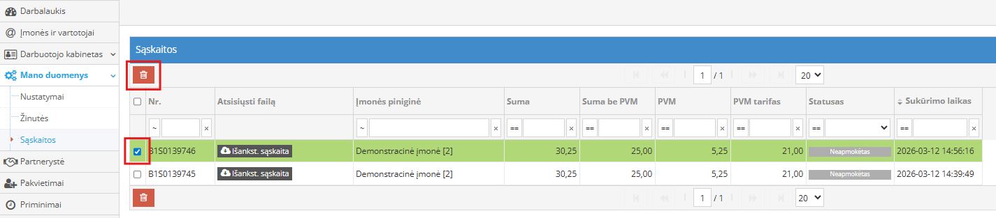 Удаление предварительного счета в списке счетов